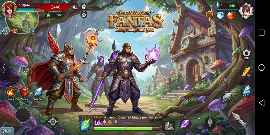 Tampilan gameplay mendebarkan dari 3446 saat melawan musuh dalam petualangan RPG.