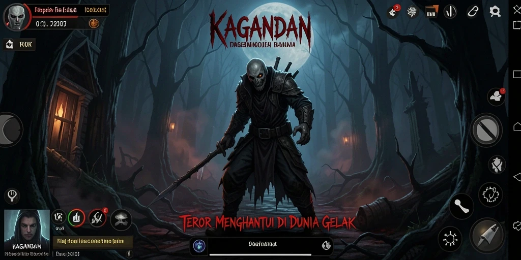 Tampilan gameplay KAGANDAN yang menghantui dengan suasana gelap dan mencekam.