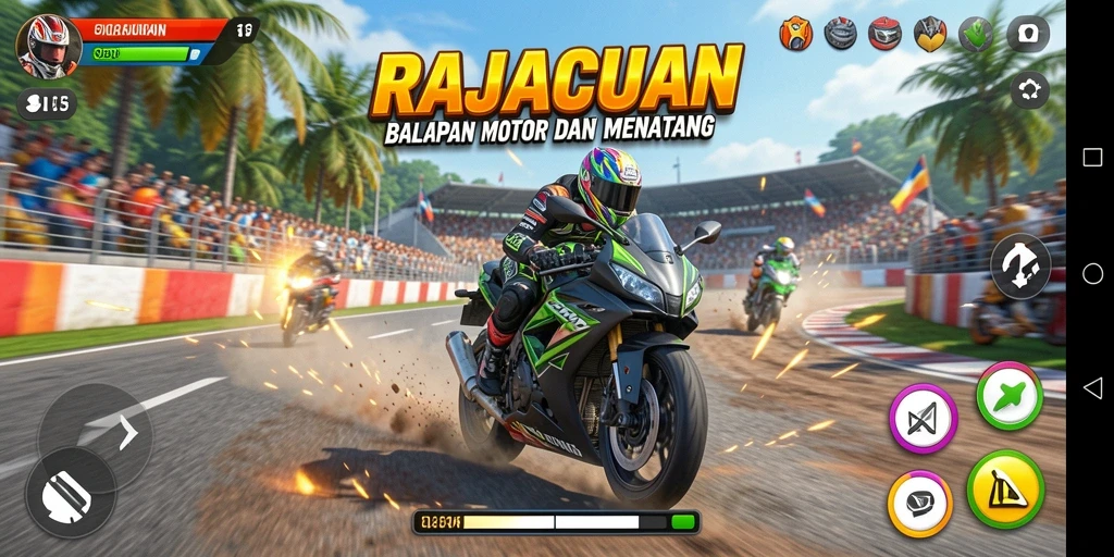 Tampilan gameplay mendebarkan di RAJACUAN dengan balapan motor seru.