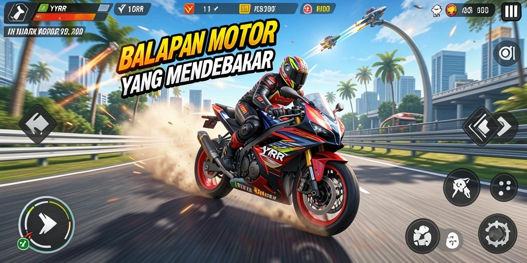 Screenshot gameplay <strong>YYRR</strong> menampilkan balapan motor yang penuh aksi dan ketegangan.
